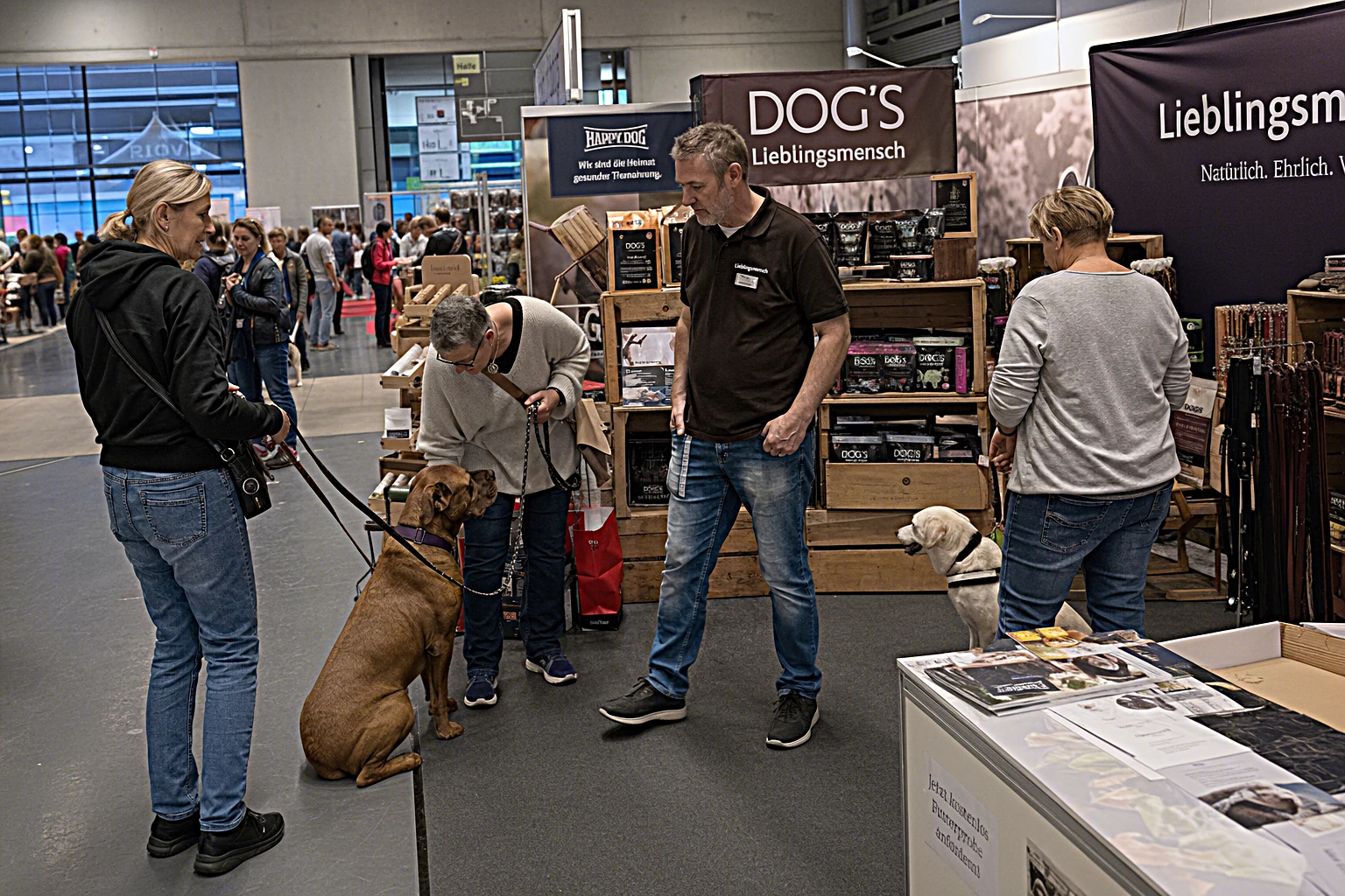 Eine belebte Hundemesse in einer Messehalle mit Besuchern und Hunden an Ständen